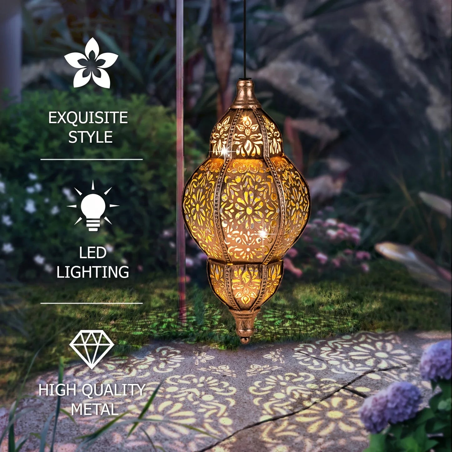 Solar Lights Outdoor Pendant Light Iron Hollow Out Projector Lantern Porch Decorative Lights for Patio Garden Decor Lawn Deck