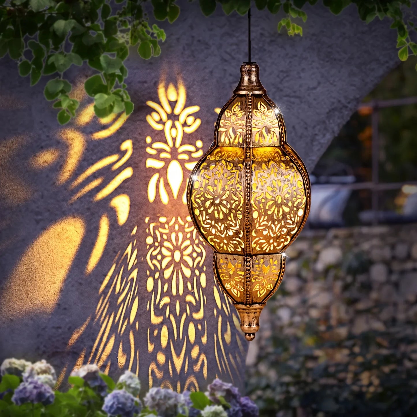 Solar Lights Outdoor Pendant Light Iron Hollow Out Projector Lantern Porch Decorative Lights for Patio Garden Decor Lawn Deck