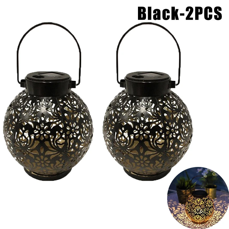 2 Pack Waterproof Solar Lanterns Outdoor Moroccan Metal Hanging Lights for Garden Patio Porch Backyard Decoration