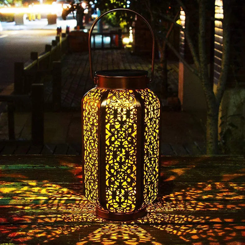 Solar Lights Outdoor Pendant Light Iron Hollow Out Projector Lantern Porch Decorative Lights for Patio Garden Decor Lawn Deck