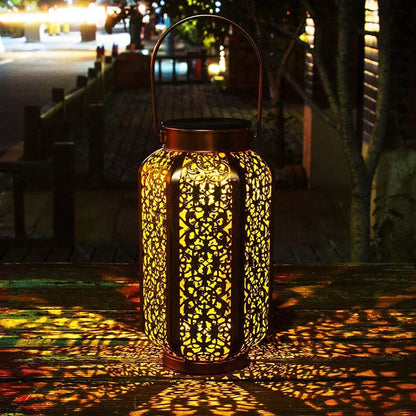 Solar Lights Outdoor Pendant Light Iron Hollow Out Projector Lantern Porch Decorative Lights for Patio Garden Decor Lawn Deck
