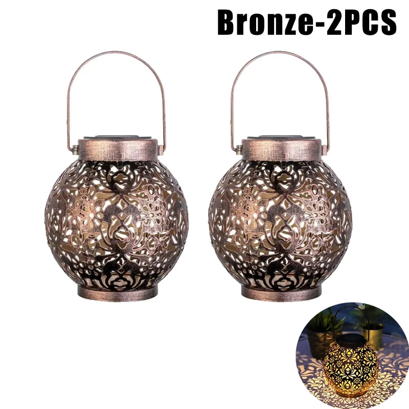 2 Pack Waterproof Solar Lanterns Outdoor Moroccan Metal Hanging Lights for Garden Patio Porch Backyard Decoration