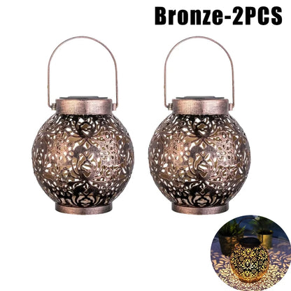 2 Pack Waterproof Solar Lanterns Outdoor Moroccan Metal Hanging Lights for Garden Patio Porch Backyard Decoration