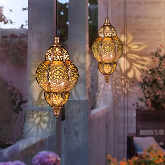 Solar Lights Outdoor Pendant Light Iron Hollow Out Projector Lantern Porch Decorative Lights for Patio Garden Decor Lawn Deck