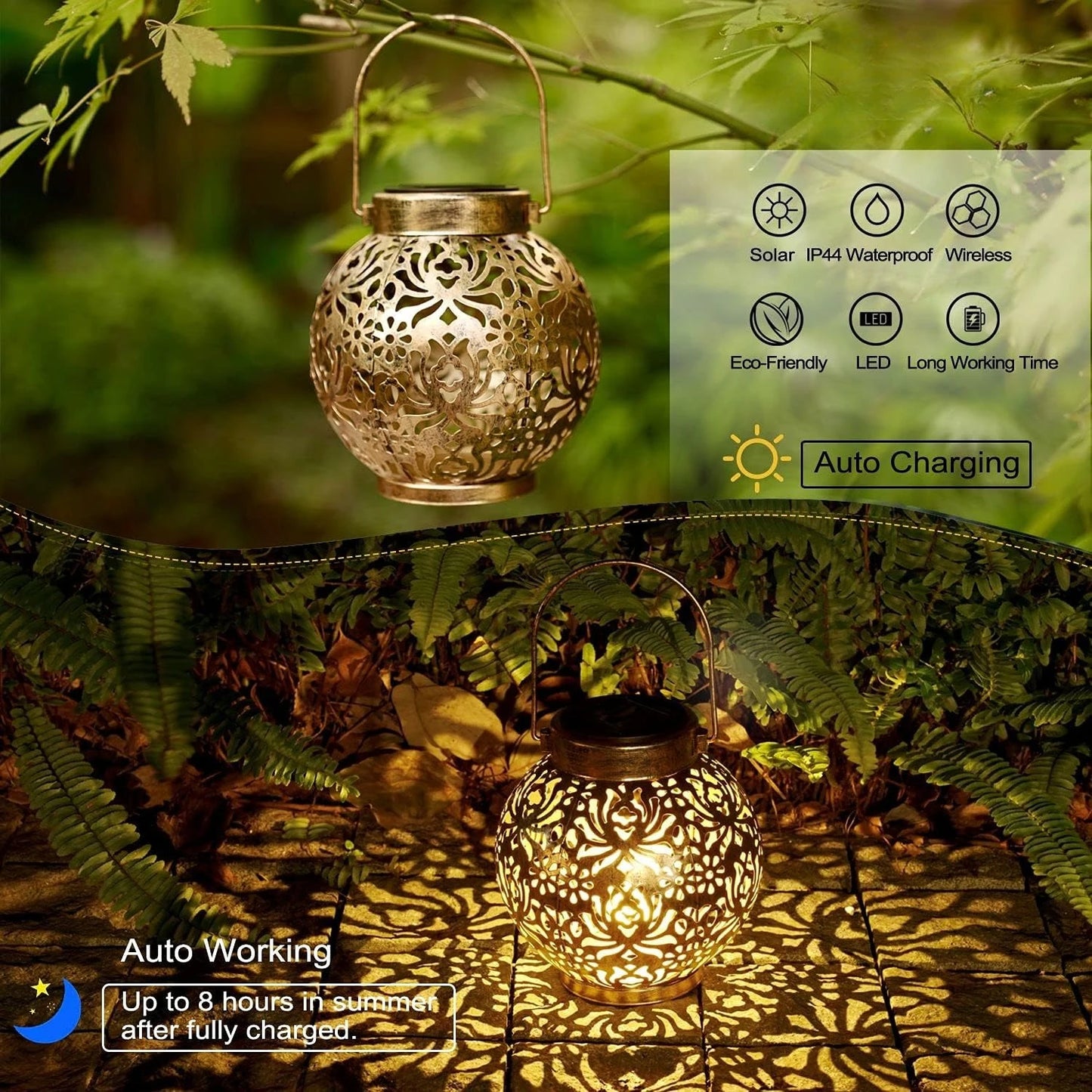2 Pack Waterproof Solar Lanterns Outdoor Moroccan Metal Hanging Lights for Garden Patio Porch Backyard Decoration