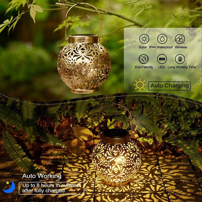 2 Pack Waterproof Solar Lanterns Outdoor Moroccan Metal Hanging Lights for Garden Patio Porch Backyard Decoration