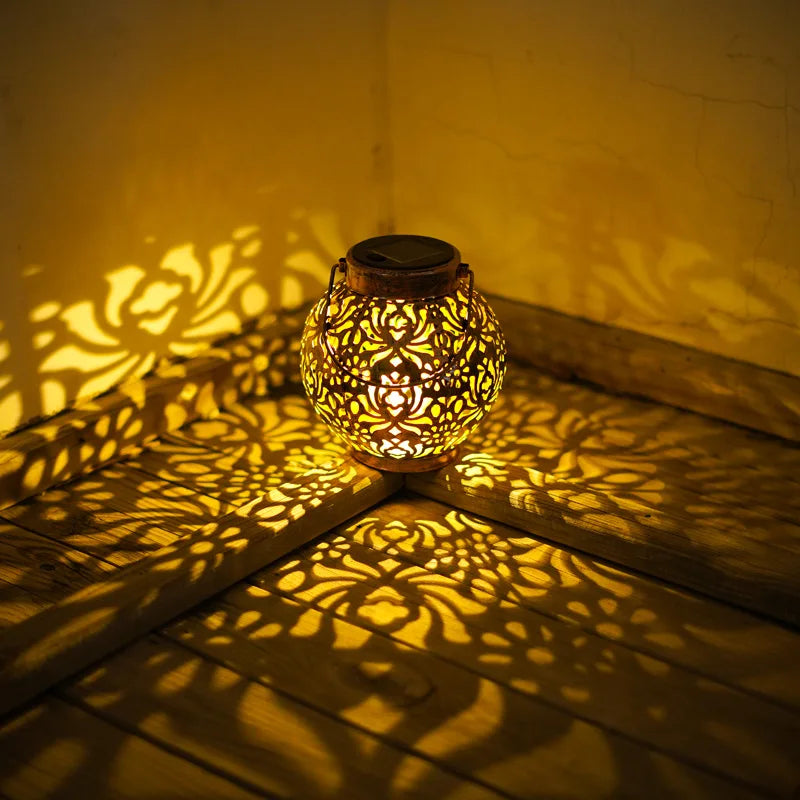 Solar Lights Outdoor Pendant Light Iron Hollow Out Projector Lantern Porch Decorative Lights for Patio Garden Decor Lawn Deck