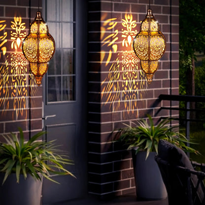 Solar Lights Outdoor Pendant Light Iron Hollow Out Projector Lantern Porch Decorative Lights for Patio Garden Decor Lawn Deck