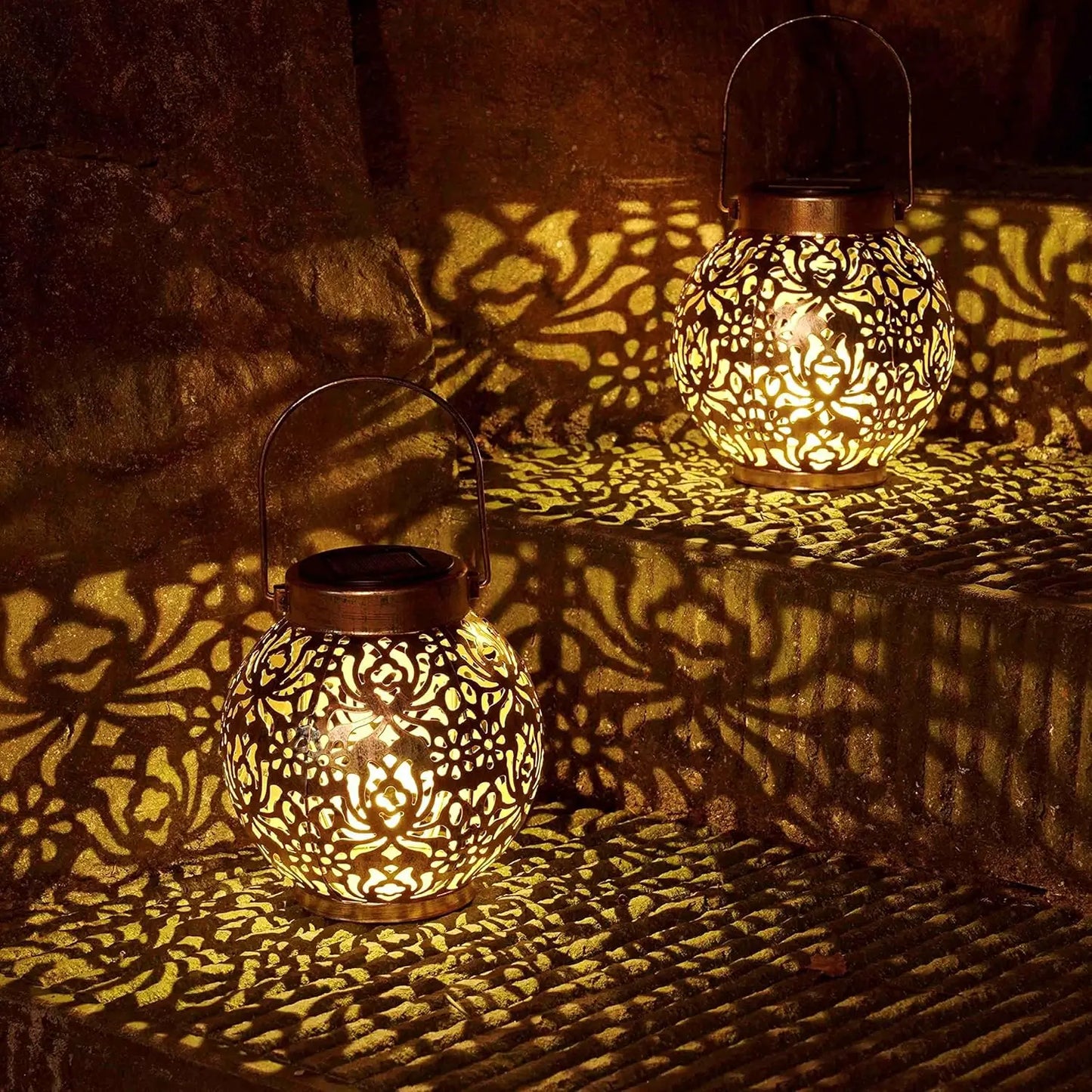 2 Pack Waterproof Solar Lanterns Outdoor Moroccan Metal Hanging Lights for Garden Patio Porch Backyard Decoration