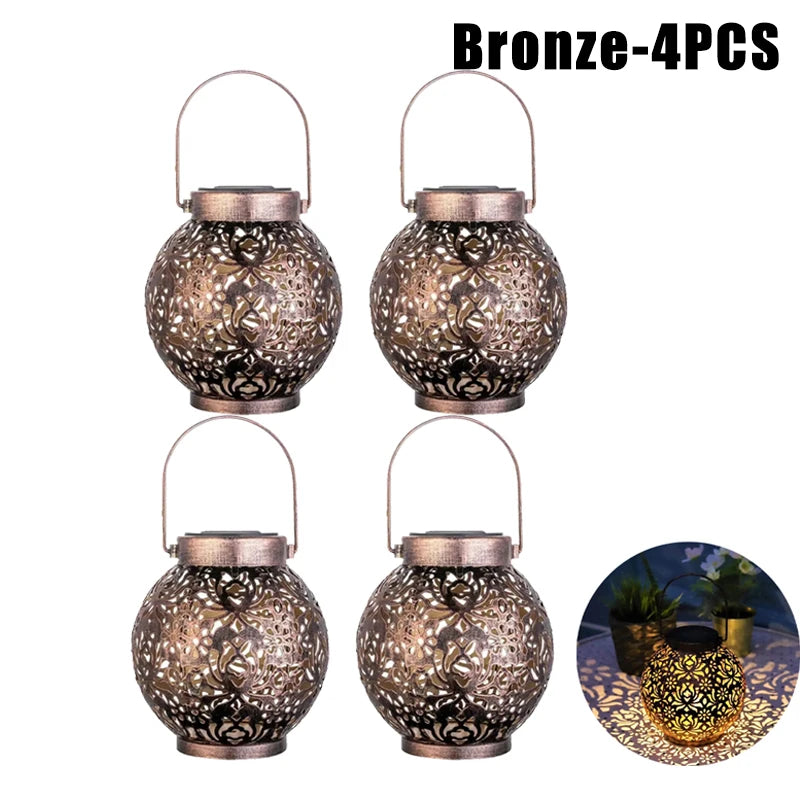 2 Pack Waterproof Solar Lanterns Outdoor Moroccan Metal Hanging Lights for Garden Patio Porch Backyard Decoration