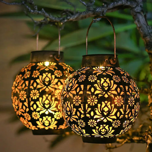 2 Pack Waterproof Solar Lanterns Outdoor Moroccan Metal Hanging Lights for Garden Patio Porch Backyard Decoration