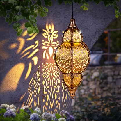 Solar Lights Outdoor Pendant Light Iron Hollow Out Projector Lantern Porch Decorative Lights for Patio Garden Decor Lawn Deck