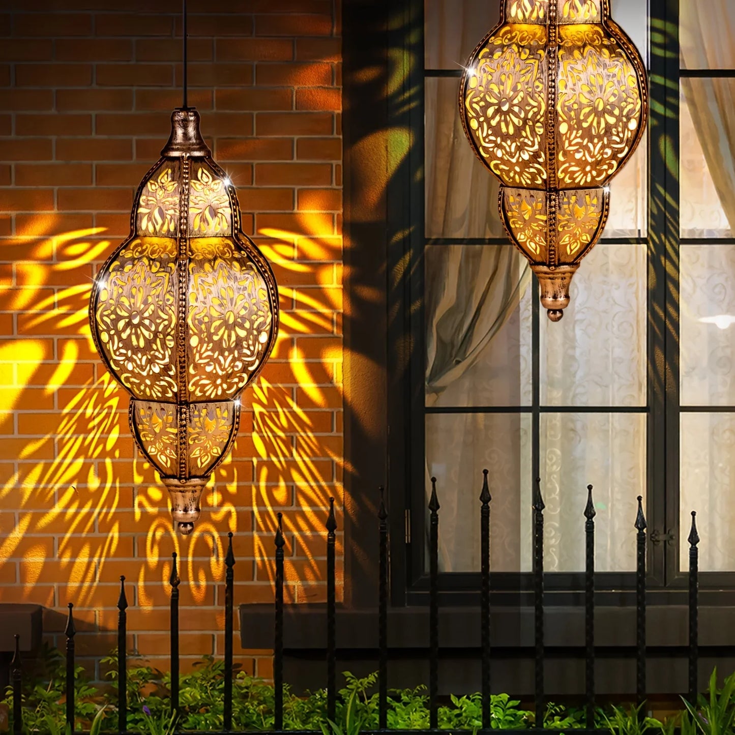 Solar Lights Outdoor Pendant Light Iron Hollow Out Projector Lantern Porch Decorative Lights for Patio Garden Decor Lawn Deck