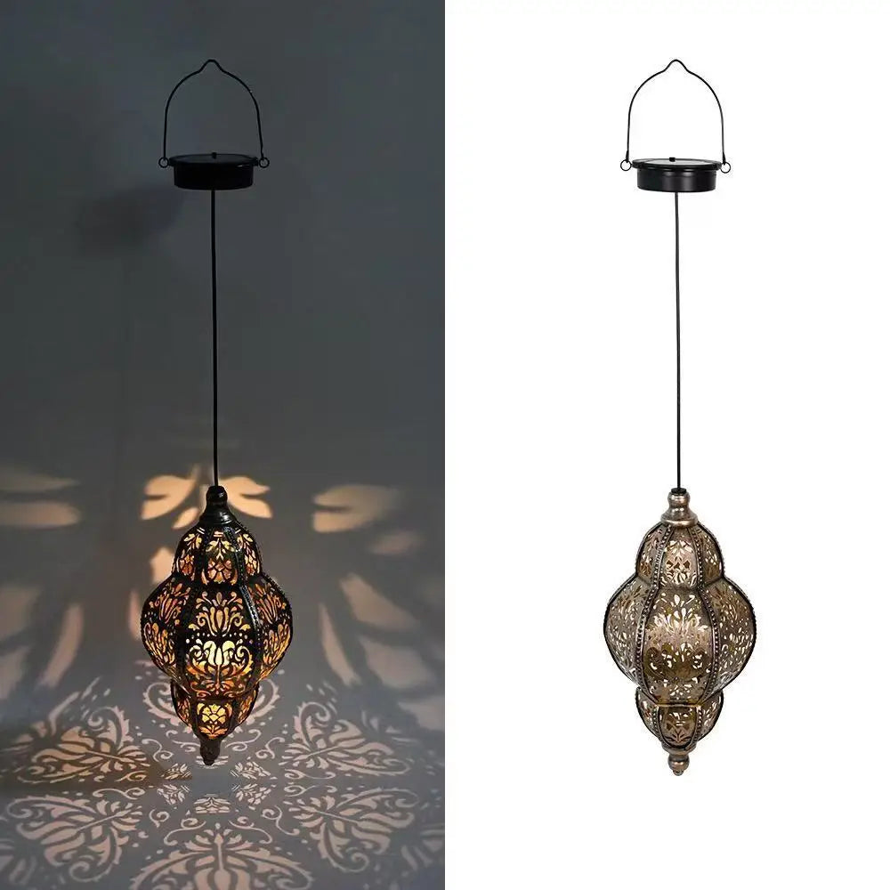 Solar Lights Outdoor Pendant Light Iron Hollow Out Projector Lantern Porch Decorative Lights for Patio Garden Decor Lawn Deck